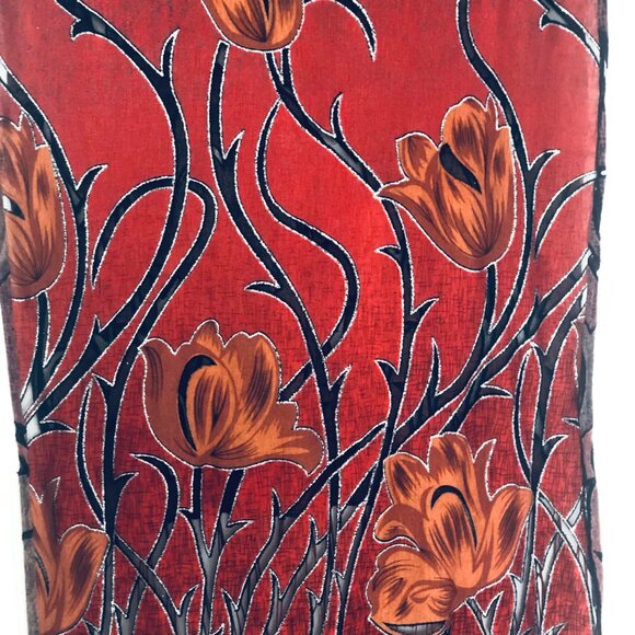 Vintage Large Floral Red Black Silver Burn Out Scarf Shawl Wrap w Fringe - Picture 3 of 5